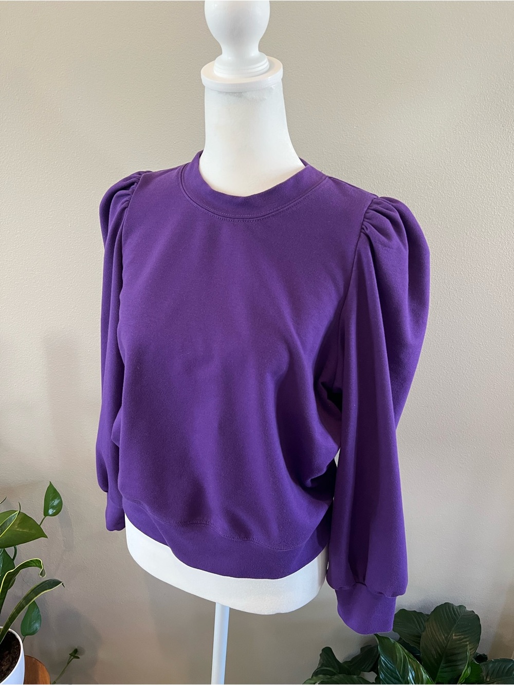 TCEC Violet Puff-Sleeve Crewneck Sweater